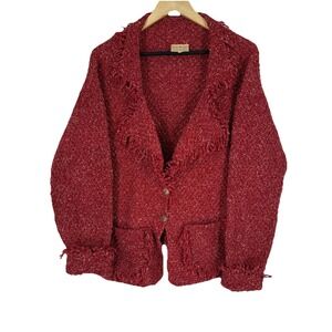 Purple Mountain Sweater‎ Cardigan Womens XL Red Wool Cotton Hand Knit Fringe